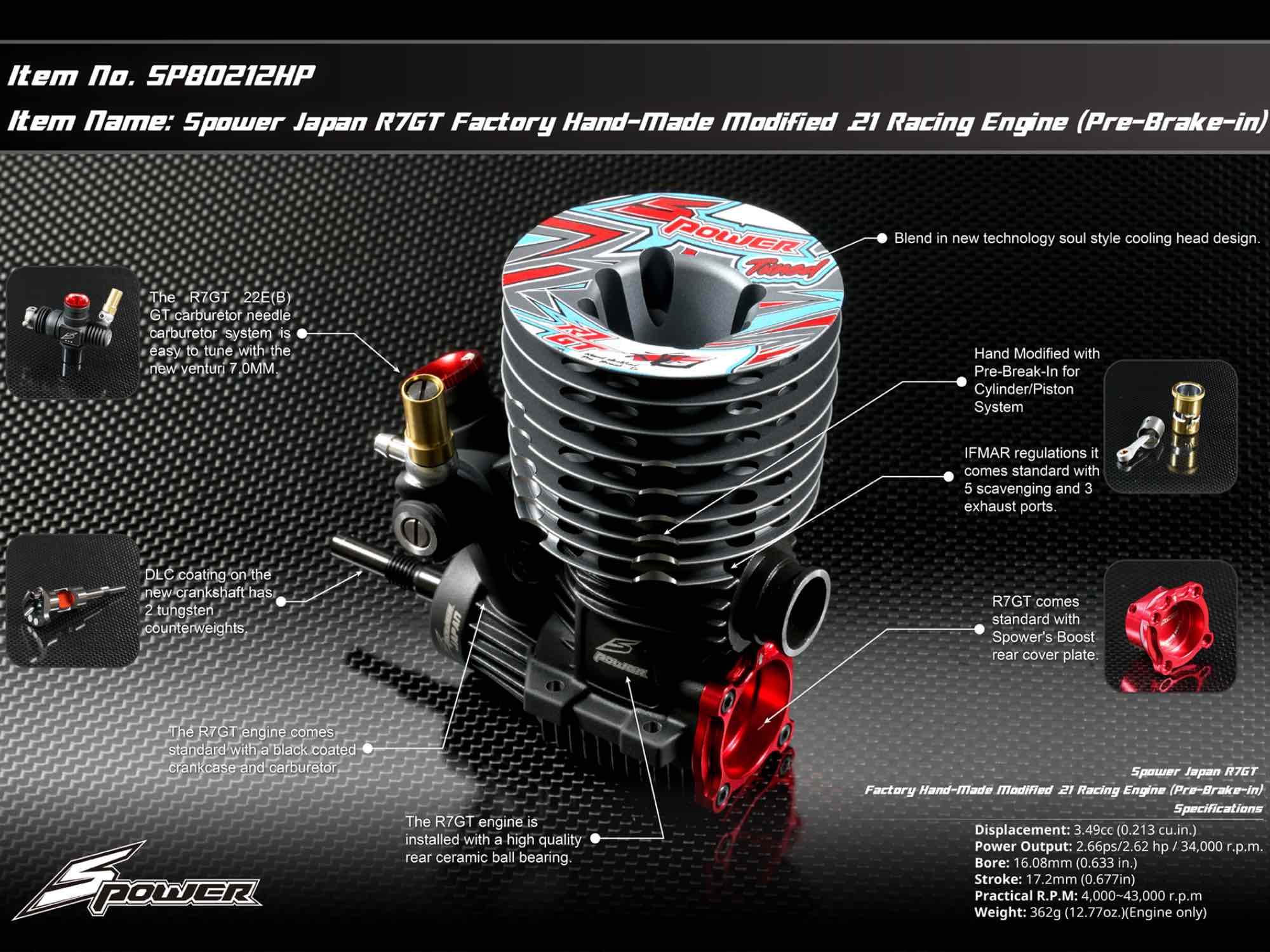 Spower Japan R7GT SOUL Factory Hand-Made Modified .21 GT Racing Engine (Pre-Brake-in)