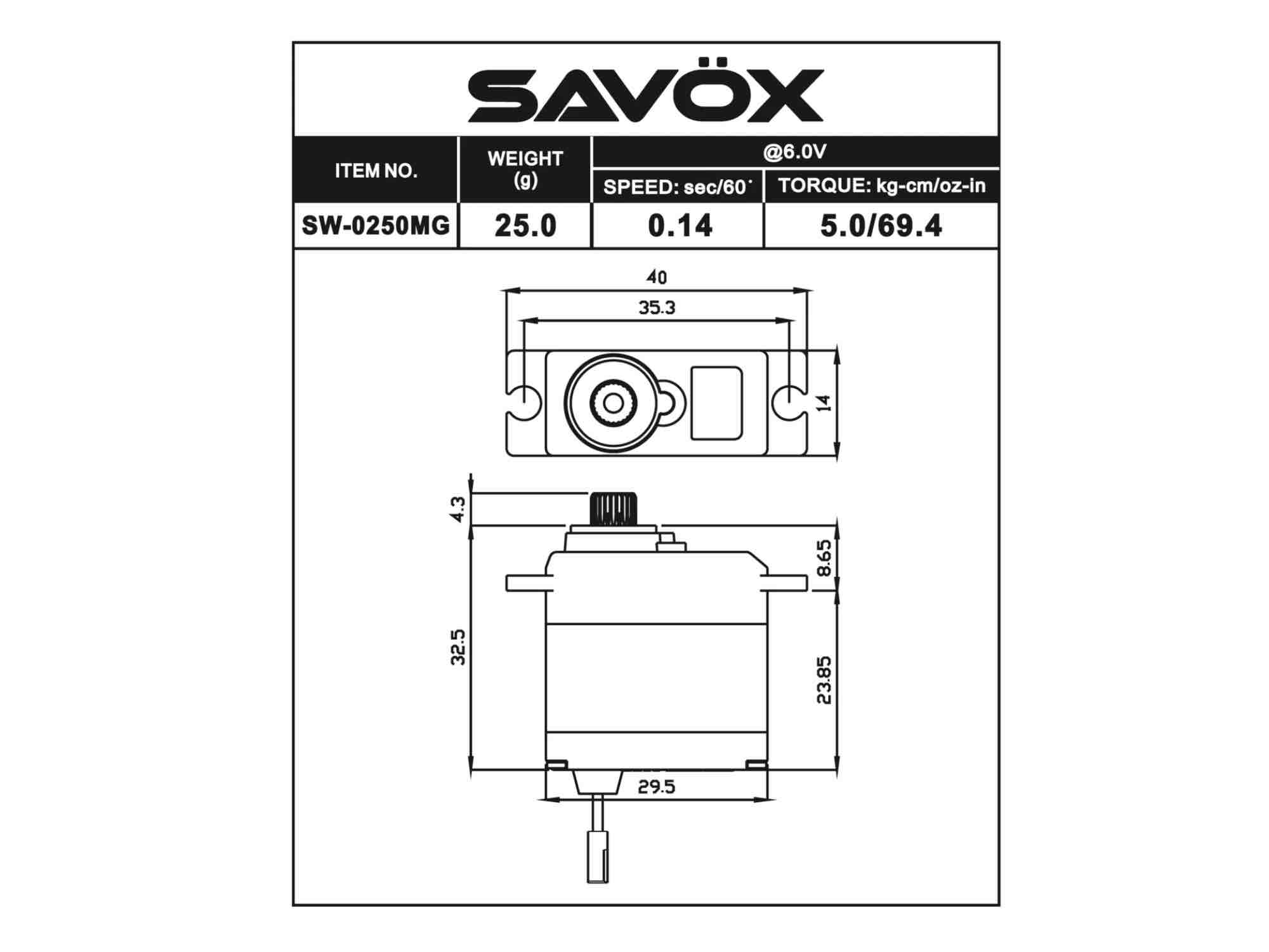 SAVÖX SW-0250MG Midi Size Digital Servo Wasserdicht 6,0V 5,0kg/0,11sek