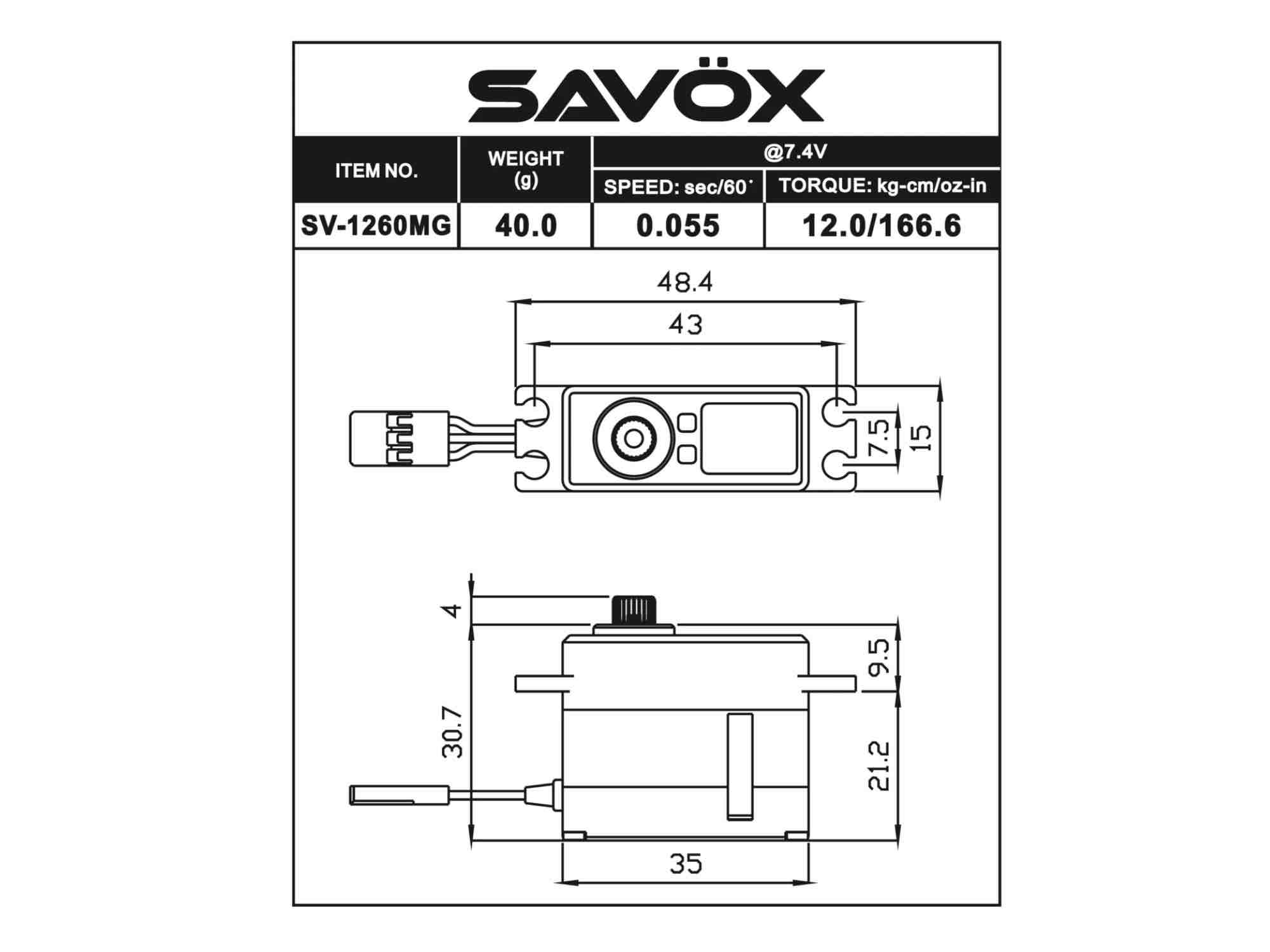 SAVÖX SV-1260MG Midi Size Digital Coreless Servo 7,4V 12kg/0,055sek