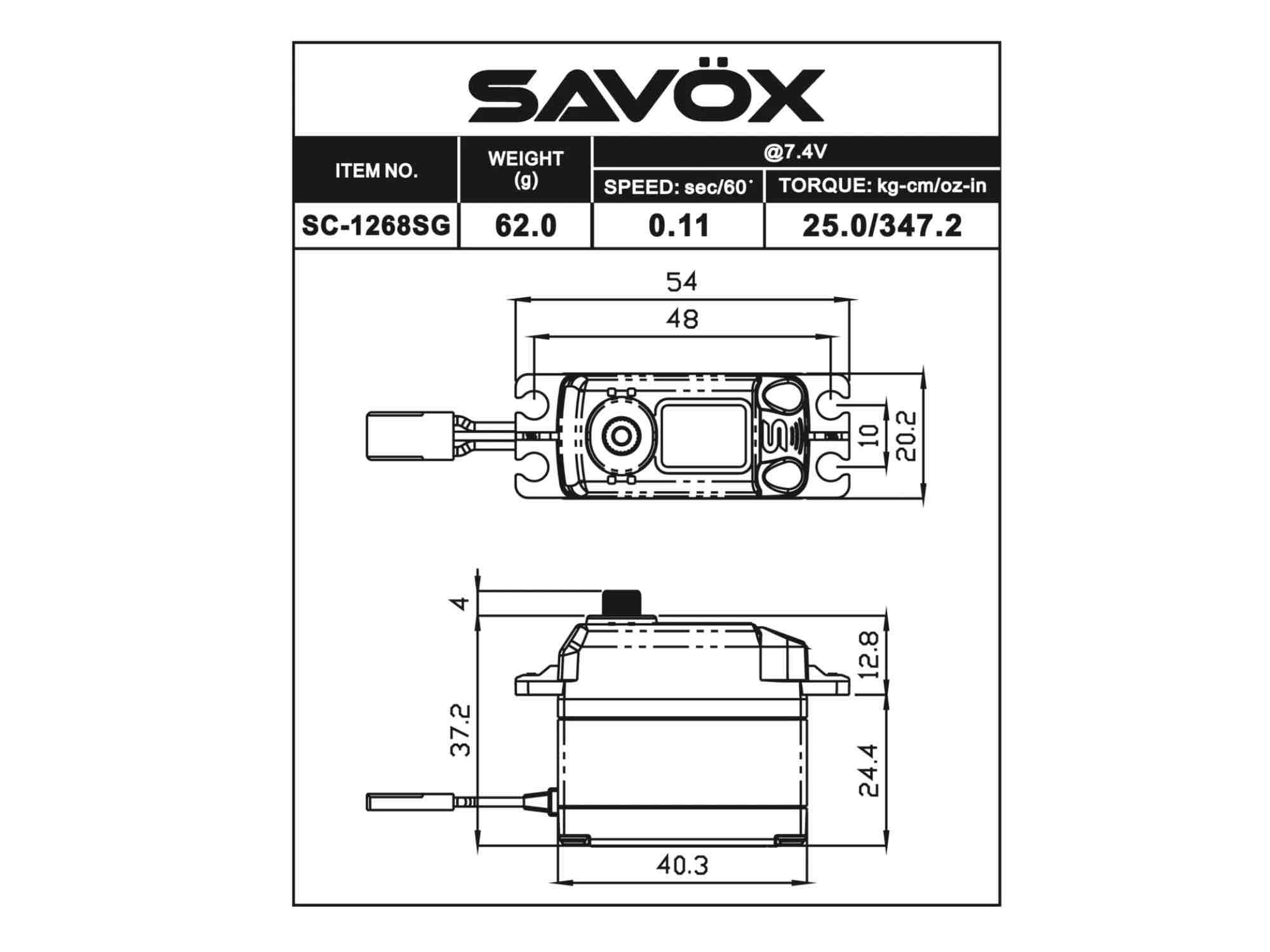 SAVÖX SC-1268SG Standard Size Coreless Digital Servo 7,4V 26kg/0,11sek