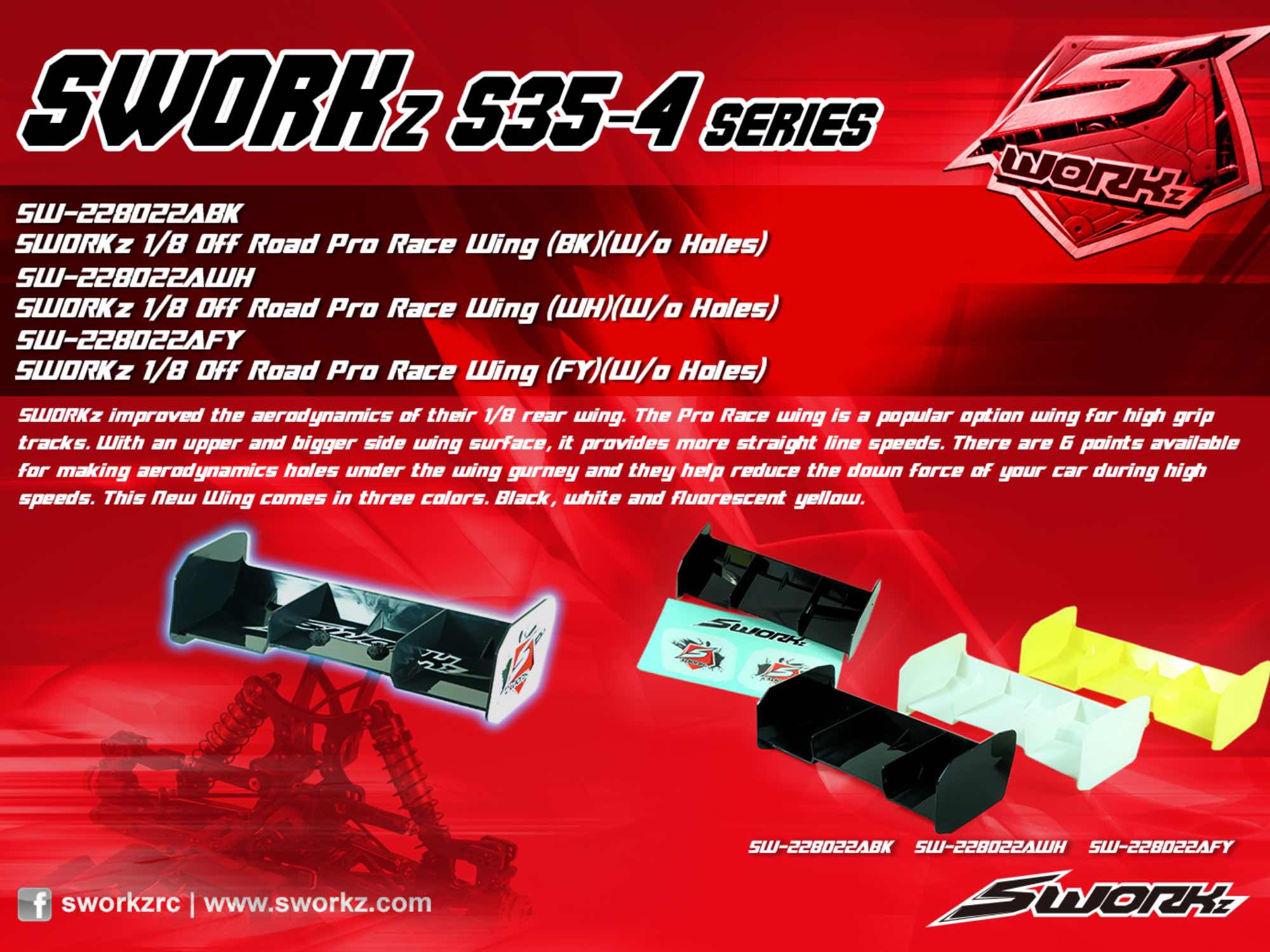 SWORKz 1/8 Off Road Pro Race Wing (FY)(W/o Holes)